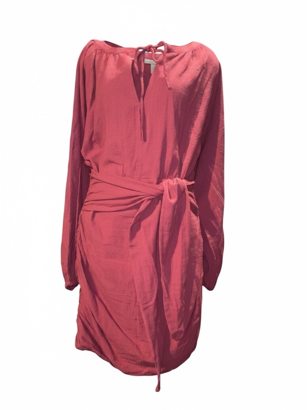 Coral Tie-Waist Long Sleeve Dress